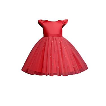 Imagem de Vestido infantil para meninas, vestido de festa, vestido de festa, saia de malha, vestido de princesa, vestido de dama de honra, vestido curto, Vermelho, 4-5 Anos