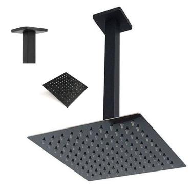 Imagem de Ducha Chuveiro Preto Fosco Inox 20x20 Suporte Quadrado Teto Luxo Piscina Banheiro Area...