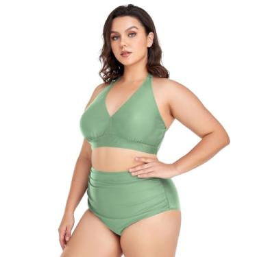 Imagem de Biquíni feminino de cintura alta, plus size, 2 peças, frente única, franzido, Verde-mar escuro, 4X-Large Plus