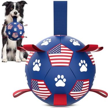 Imagem de QDAN Brinquedos para cães, bola de futebol com alças – Bolas duráveis para cães pequenos e médios, brinquedo aquático para cães de piscina na praia, brinquedos de rebocador para cabo de guerra,