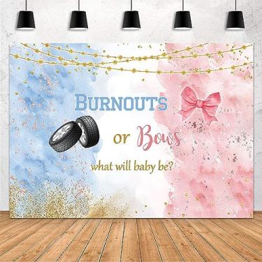 Imagem de MEHOFOND 2,1 x 1,5 m Burnouts ou laços pano de fundo arcos ou burnouts revelação de gênero decoração de festa fotografia fundo aquarela ouro rosa e azul marinho ele ou ela gravidez revelar surpresa faixa de festa