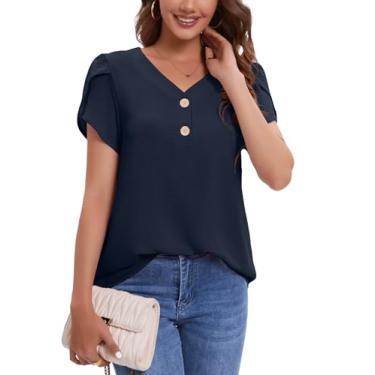 Imagem de NILOUFO Camisetas femininas de verão casuais de manga curta blusas da moda túnica com gola V, B: azul marinho, P