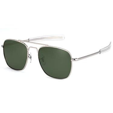 Imagem de IOHLNG Óculos de sol masculino aviador polarizados 55 mm Pilot Military Square Shades com hastes baioneta, Armação prateada fosca, lente verde, Medium