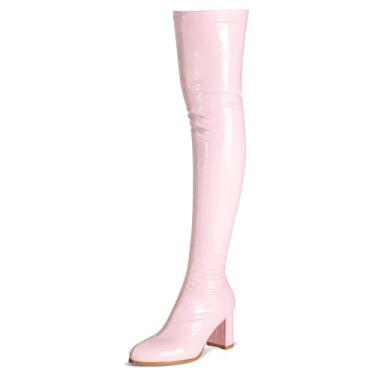Imagem de girgod Botas de cano alto femininas sexy bico fino acima do joelho, cosplay, dança, festa, couro envernizado, salto grosso, botas de cano alto GOGO, rosa, 35