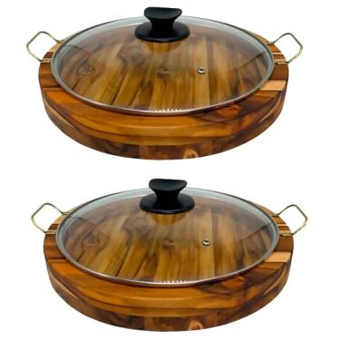 Imagem de Kit 2 Gamelas Com Alça De Madeira Churrasco Redonda C/ Tampa