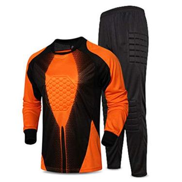 Imagem de LDLXDR Uniformes de goleiro de futebol, textura bloco de cores, roupas de proteção anticolisão de goleiro, camisas e calças de futebol para adultos e crianças, laranja, GG