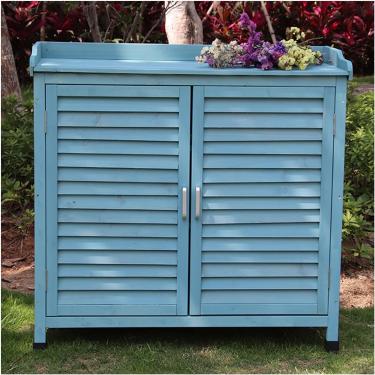 Imagem de Armário de madeira para jardim ao ar livre, à prova d'água, à prova de sol, sapateira espaçosa para corredor de varanda de jardim, armário de armazenamento de ferramentas durável, azul