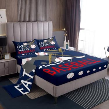 Imagem de Feelyou Conjunto de lençóis de jogos de beisebol infantil tamanho completo lençóis de cama azul marinho para meninos meninas adolescentes decoração de quarto conjunto de cama softbol feminino masculino folhas de jogos de bola, 1 lençol com elástico + 2 fronhas + 1 lençol plano