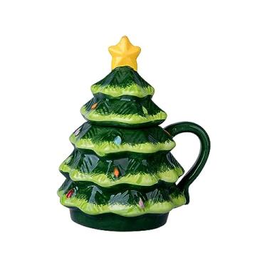 Imagem de HPYNPES Caneca de árvore de Natal de cerâmica festiva - fácil de limpar - xícara de café de Natal - adornada com pingente de feriado - 400 ml