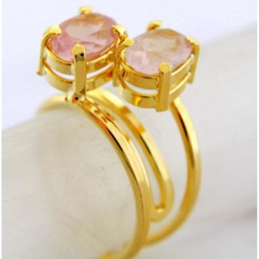 Imagem de Anel 2 Pedras Quartzo Rosa Gemas Facetado Aro Dourado Ajustável