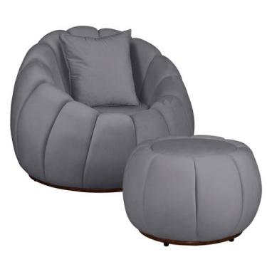 Imagem de Kit Poltrona Base Giratória C/ Almofada e Puff Concha Veludo - Fina Mo
