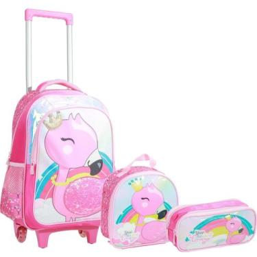 Imagem de Kit Mochila de Rodinha Lancheira e Estojo Flamingo Yepp MIF5329, Rosa
