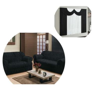 Imagem de Kit Capa De Sofá 2 E 3 Lugares 21 Elásticos + Cortina Riviera 2 Mts Pr