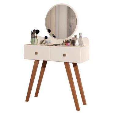 Imagem de Penteadeira retrô 2 gavetas Conde com espelho redondo cor Off white ul