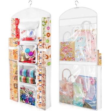 Imagem de Woodoulogy Armazenamento de papel de embrulho para pendurar, recipiente de saco de embrulho de Natal de dupla face branco de 101 x 45 cm, organizador de rolo Oxford Craft, suporte de embrulho para