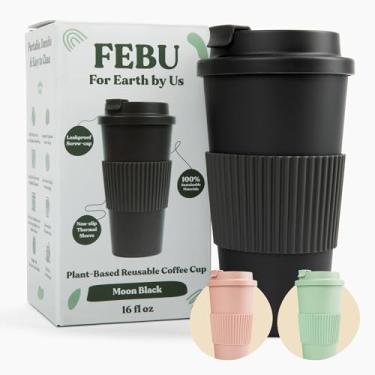 Imagem de FEBU Copo de café reutilizável à base de plantas com tampa e manga | 473 ml, Moon Black | Caneca de viagem portátil feita de bambu | Pode ser lavada na lava-louças, compostável, sem plástico com tampa