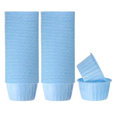 Imagem de HARFINGTON 100 peças de copos de cupcake de 100 ml, tamanho padrão, forros de cupcake de papel, embalagens à prova de gordura, descartáveis para casamento, aniversários, Natal, sobremesa, azul
