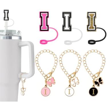 Imagem de (3 +3) Capa de canudo Nuozme compatível com copo Stanley Tumbler 3 peças de tampas de palha com 3 pingentes de borboleta inicial Nome ID para Stanley Copo de 30 e 1,134 g (capa de canudo de 3 letras 3