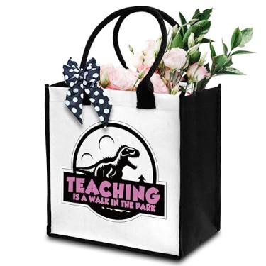 Imagem de Sacola feminina para professores, Teaching Is Walk In The Park, sacola de lona para o dia do professor, bolsa de presente de apreciação de dinossauro com fita, sacola de praia presentes de