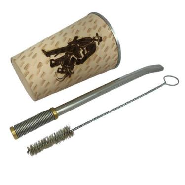 Imagem de Kit tereré copo de couro legítimo cru trabalhado 200ml + bomba inox de