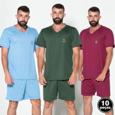 Imagem de Kit 10 Pijama Gola V Liso Masculino Conjunto Manga Curta Short Blusa A