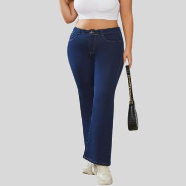Imagem de Calça Flare Plus SizeJeans Feminina Boca de Sino Cintura Alta Modelado