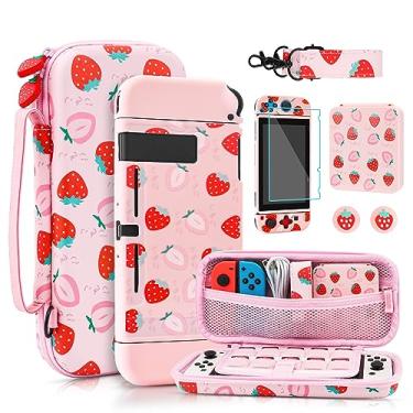 Imagem de Lindo estojo de transporte de morango para Nintendo Switch, RHOTALL capa protetora rígida portátil para transporte e console Nintendo Switch e acessórios, alça de ombro e mão 2 em 1, rosa