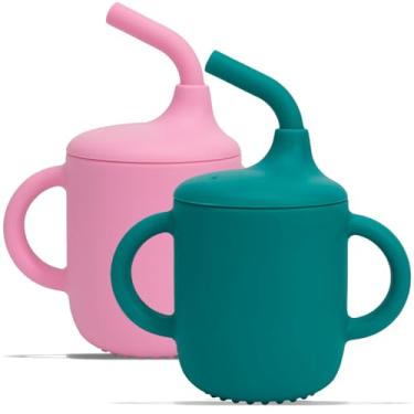 Imagem de NICINGU Pacote com 2 copos de silicone e copo de treinamento para bebês de 6 meses + canudo macio e alças abertas para crianças de 6 a 12 meses - azul e rosa