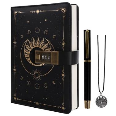 Imagem de TIEFOSSI Diário com cadeado, diário de sol vintage com cadeado para mulheres e homens, caderno recarregável A5 com trava para escrever, 224 páginas numeradas