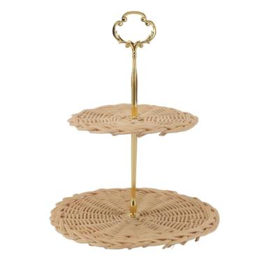 Imagem de Bandejas de Suporte para Servir Em Rattan de 2 Camadas, Bandejas para Servir Em Rattan, Pão Trançado Redondo e Pratos de Frutas para Decoração Diária de Festa de Casamento
