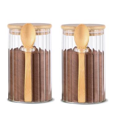 Imagem de Steviieden Frascos de vidro herméticos de 25 fl oz com tampas de colheres de bambu recipiente de aveia durante a noite decorativo barra de café frasco de armazenamento de alimentos cereais n