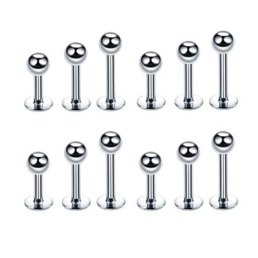 Imagem de Decentraland 6 peças prata mix 16G 316L aço inoxidável 3 mm bola lábio tragus piercing piercing piercing corporal kit de joias comprimento da barra 6/8/10 mm anéis língua bochecha barra piercing