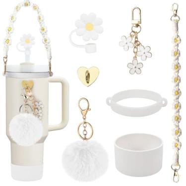 Imagem de Freewindo Acessórios de copo compatíveis com Stanley Cup, conjunto de acessórios de copo de 7 peças, incluindo alça de alça de garrafa de água, bota de copo de silicone, capa de palha, pompom,