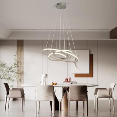 Imagem de Preto/Ouro/Cinza Minimalista Moderno Lustres Led com Controle Remoto Sala de jantar quarto Decoração lustre 3 cor de luz lustre pendente Lâmpada Luminária de cozinha (Cinza, 3 anéis 60 40 20CM)