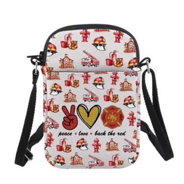 Imagem de CHOORO Bolsa tiracolo vermelha para presente de bombeiro Peace Love Back The Fire Mom Fireman Wife Sling Bag, Costas vermelhas, B