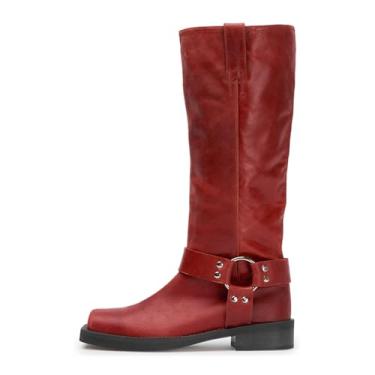 Imagem de FIFSY Botas Femininas De Cano Alto, Sem Cadarço, Botas De Montaria Vermelhas, Botas Com Fivela Para Mulheres, Botas De Couro, Bico Quadrado, Botas Grossas De Cano Alto, Botas Altas De Motocicleta, B