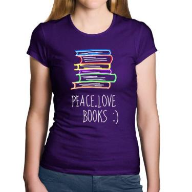Imagem de Baby Look Algodão Peace Love Books - Foca na Moda, Roxo, GG