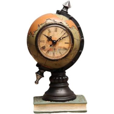 Imagem de Globo Terrestre Político Decorativo de Resina, com Relógio Numeros Romanos, 24 cm, Decoração de Mesa, Escritório, Presente, Educativo (Marrom Retro)