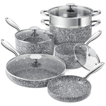 Imagem de Conjunto de Panelas e Frigideiras Antiaderentes de Granito, 10 Peças, MICHELANGELO DECJ JS 1214 293, Cinza