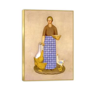 Imagem de Moldura - Arte de parede famosa - reprodução de pinturas famosas de madeira de grão - Impressão de paisagem rural em tela - Imagens decorativas de sala de estar (mulher camponesa) moldura dourada 40 x