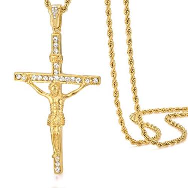 Imagem de ROWIN&CO Colar clássico banhado a ouro 18 K com cruz de crucifixo de Jesus e cruz CZ Hip Hop para homens e mulheres joias cristãs para batismo cristão, corrente de 60,96 cm, Metal, Zircônia cúbica