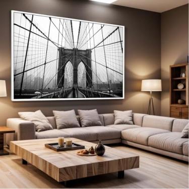 Imagem de Quadro Decorativo com Moldura Sala 90x60 Ponte Brooklyn NY Preto Branco Luxo Grande Horizontal