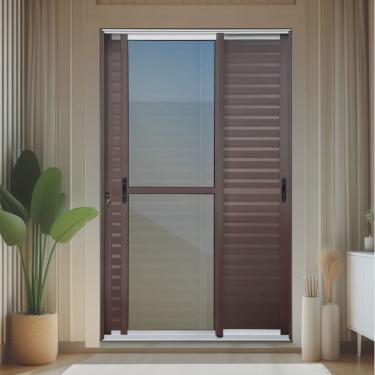 Imagem de Porta de Correr Venez. 3 Folhas Moveis 210 X 150 Elite com Fechadura Tetra Vidro Reflex Mix Corten