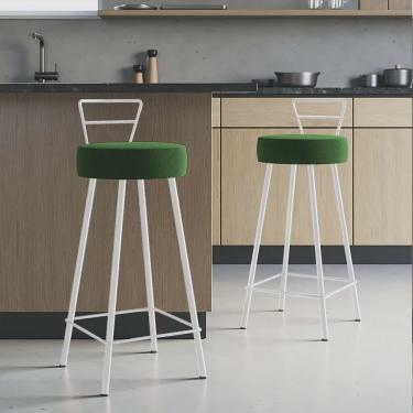 Imagem de Kit 02 Banqueta Alta Com Encosto Tina Eiffel Cozinha Bar Bistrô Ferro Branco Suede Verde Musgo - Ahazzo Móveis