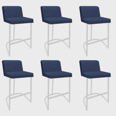 Imagem de Kit 06 Banquetas Com Encosto Noah Luxo Confort Bistrô Cozinha Ferro Branco Linho Azul Marinho - Ahz Móveis
