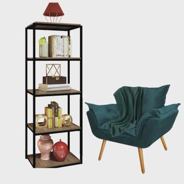 Imagem de Kit Poltrona Fatte com Manta Soft Verde e Estante Livreiro Ferro Preto mdf Rústico Suede Azul Turquesa - Ahz Móveis