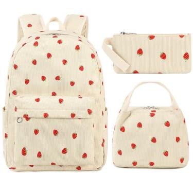 Imagem de FADOVYE Mochila infantil para meninas e mulheres, mochila escolar para laptop, mochila casual com lancheira, estojo de lápis para pré-escola, jardim de infância, bolsa de livros primária, morango