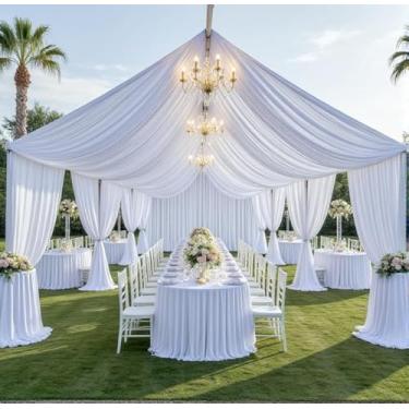 Imagem de PartyVillage 10 painéis de 1,5 m x 6 m cortinas de teto brancas para festas de casamento – 6 m de poliéster grosso extra longo sem rugas decoração de barraca para festa de aniversário, cerimônia de
