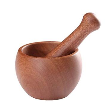 Imagem de WUHUQN Conjunto de almofariz e pilão, madeira natural, pimenta e alho e ervas, triturador, triturador, fácil de usar e limpar, pilão natural e tigela de moagem