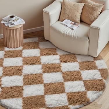 Imagem de PureCozy Tapete xadrez 10 x 10 cm para sala de estar, bege e branco, moderno, supermacio, lavável, tapete felpudo antiderrapante para quarto, casa, decoração estética